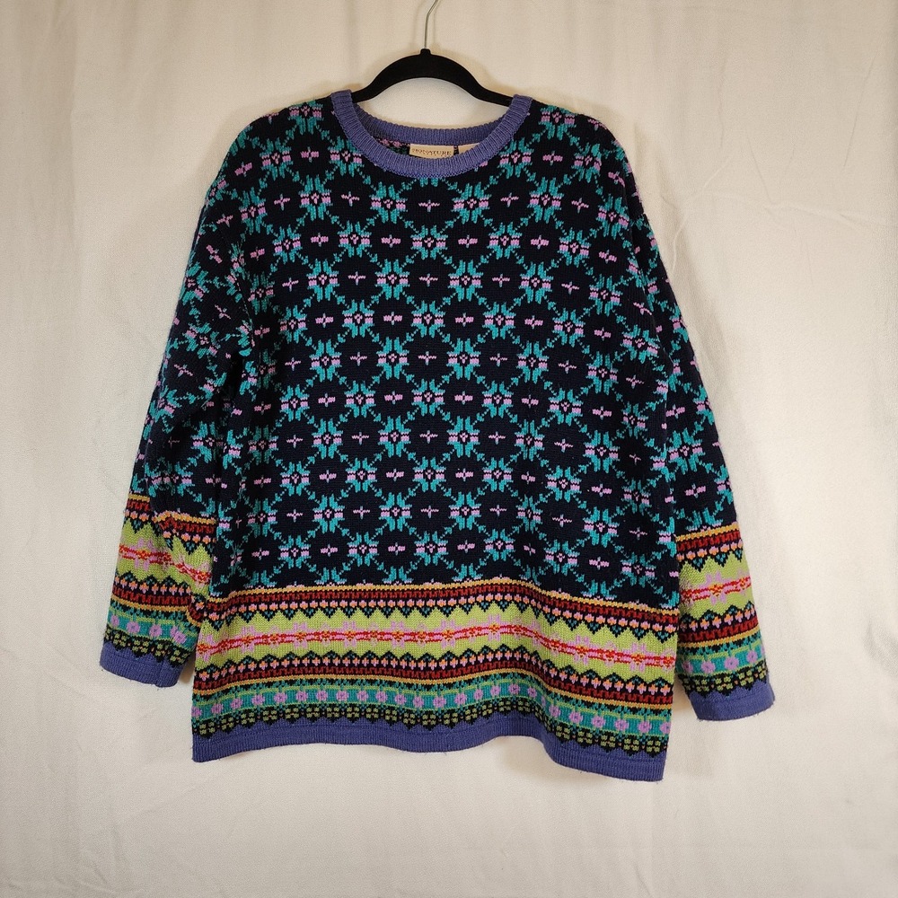 Signature Expressions Sweater Vintage Colorful Cottagecore Fair Isle Womens XL